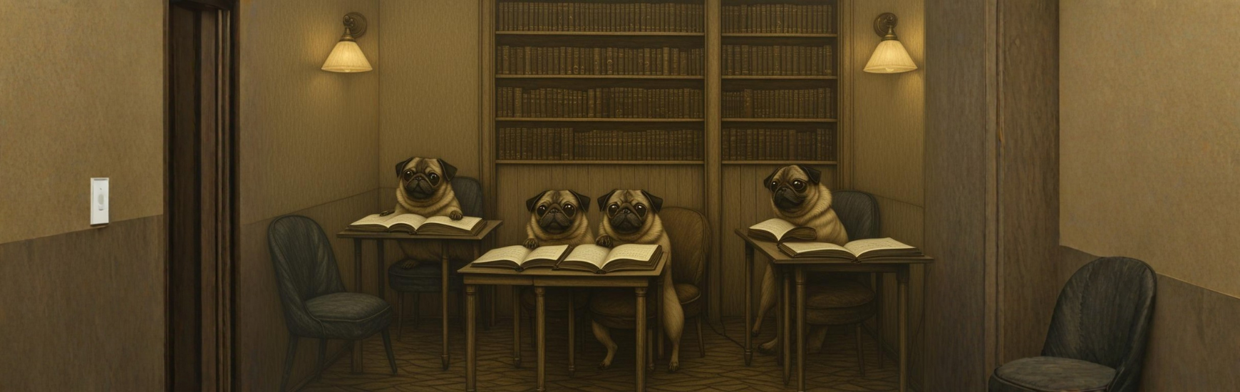 パグが本を読んでいる書店