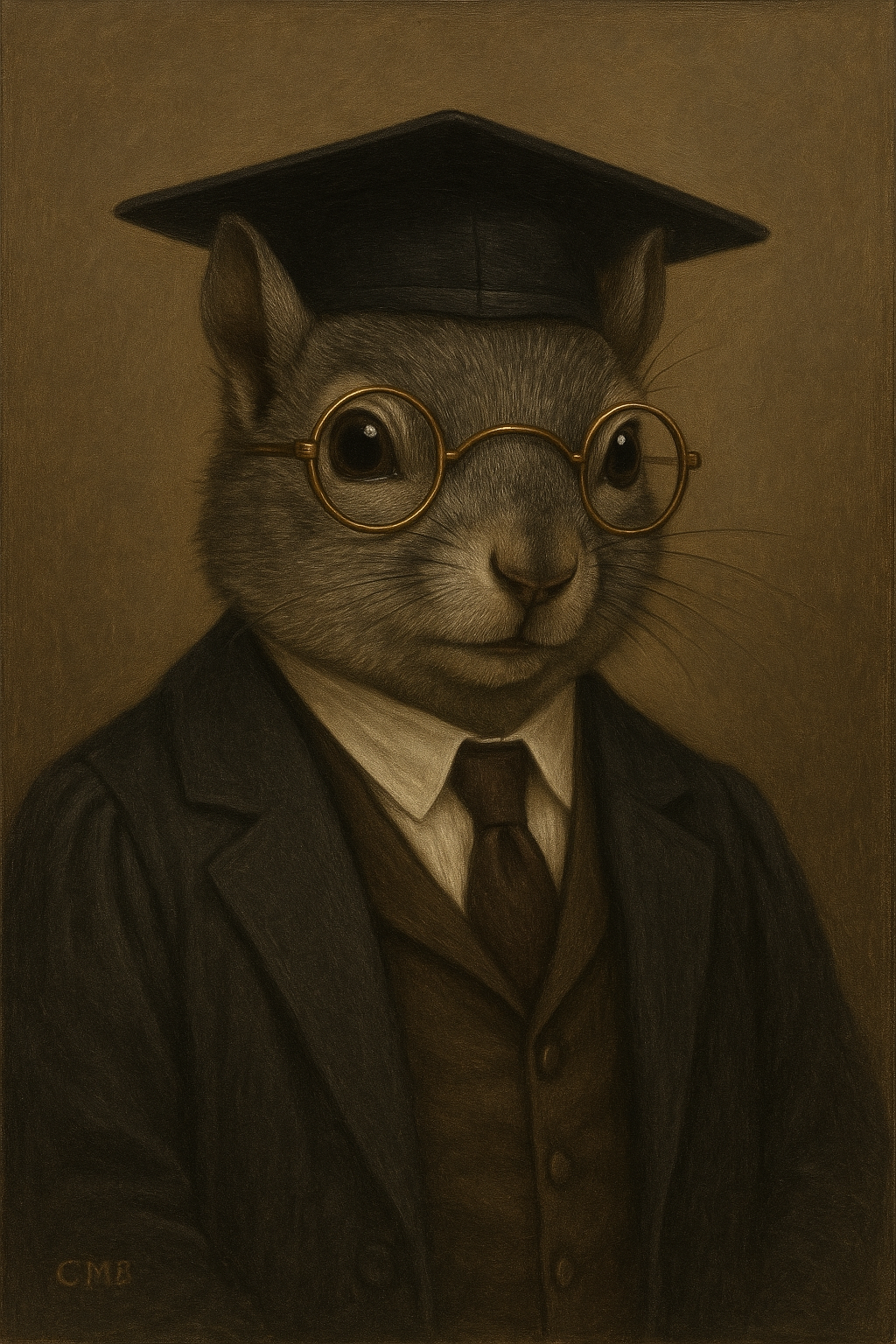 イナン教授（無意味大学学長）　学帽と丸眼鏡をかけたリスの肖像