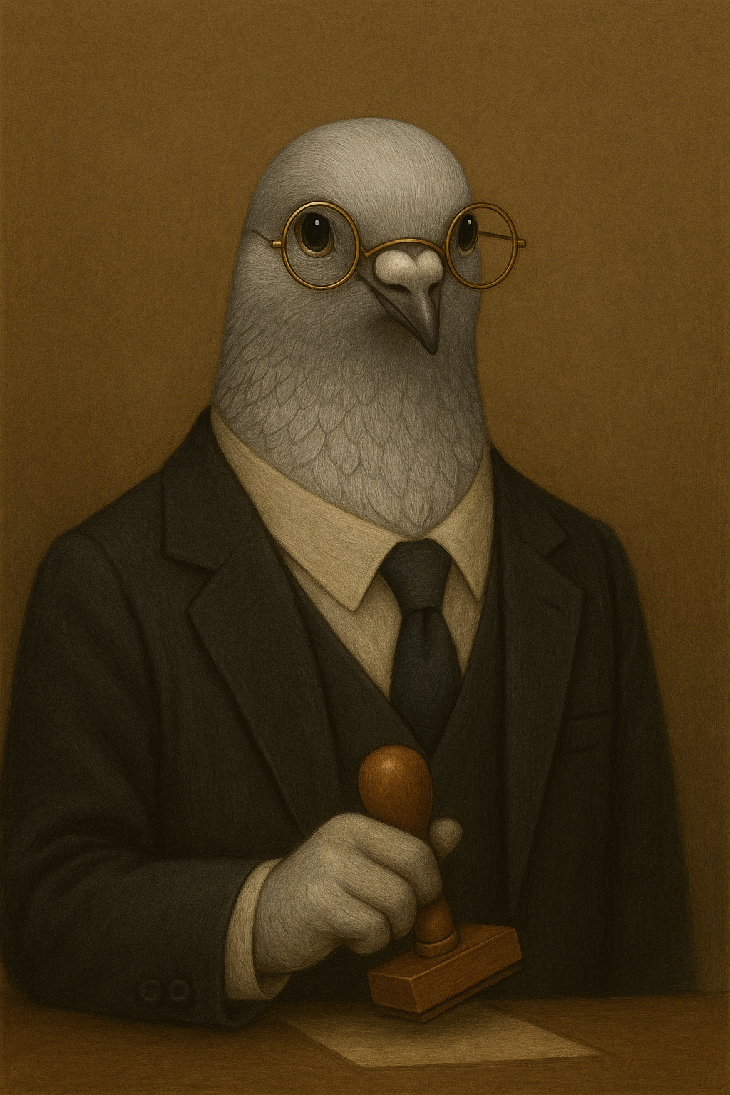 ポポリス事務局長（無意味大学事務局）　丸眼鏡をかけ判子を持つハトの肖像